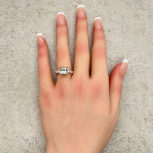 AAA Beautiful Blue Princess Cut Blue Aquamarine Ring Rose Gold LS7202