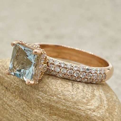 AAA Princess Cut Aquamarine Ring Diamond Triple Shank Rose Gold LS7202