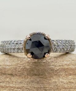 Black Diamond Halo Filigree Engagement Ring White Gold Platinum LS4490