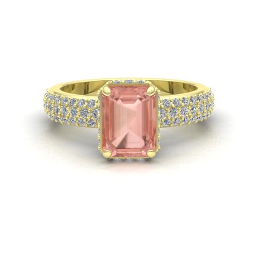 Emerald Cut Peach Morganite Diamond Engagement Ring Yellow Gold LS7252