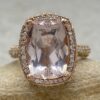 Light Pink Cushion Cut Morganite Ring Side Top Halos Rose Gold LS6606