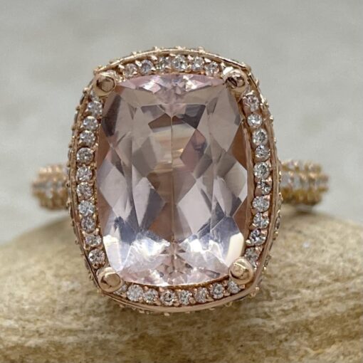 Light Pink Cushion Cut Morganite Ring Side Top Halos Rose Gold LS6606
