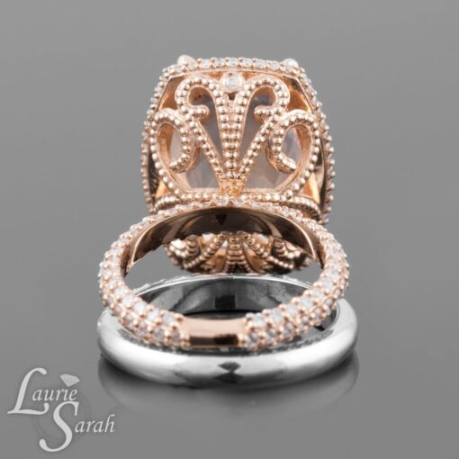 Matching Bridal Ring Set Morganite Diamond Filigree Rose Gold LS7248