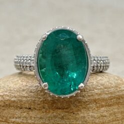 Oval Cut Emerald Ring Triple Diamond Shank White Gold Platinum LS7209