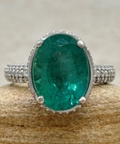 Oval Cut Emerald Ring Triple Diamond Shank White Gold Platinum LS7209