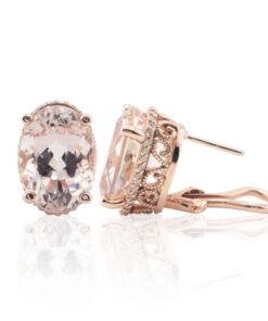 Oval Cut Morganite Earrings Diamond Halo English Lock Rose Gold LS4689