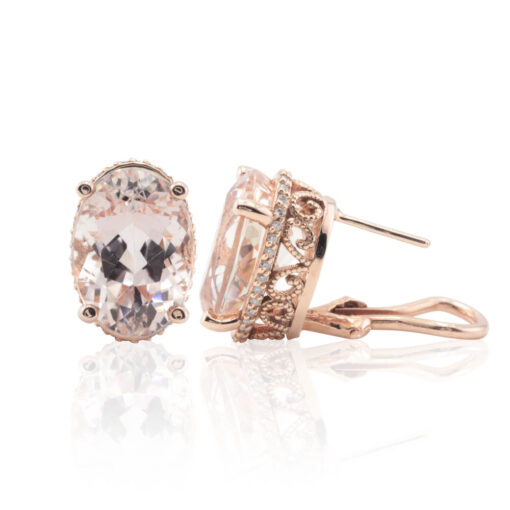 Oval Cut Morganite Earrings Diamond Halo English Lock Rose Gold LS4689