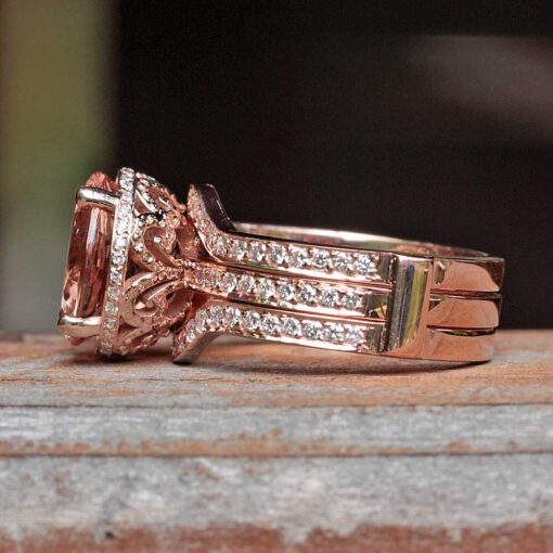 Peach Round Morganite Ring Diamond Halo Half Eternity Rose Gold LS5074