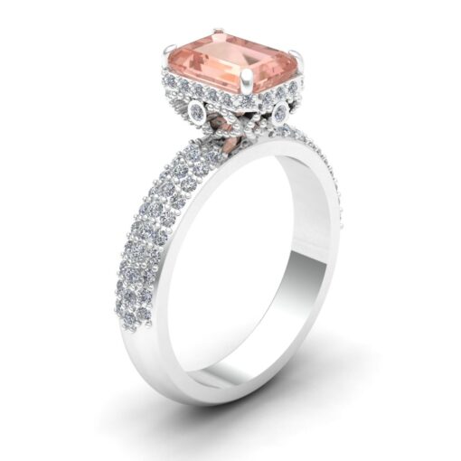 Peachy Morganite Triple Diamond Shank Ring White Gold Platinum LS7252