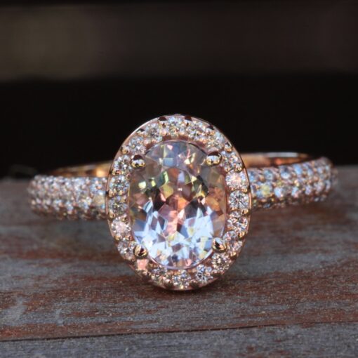 Peachy Pink Oval Morganite Top Halo Engagement Ring Rose Gold LS4809