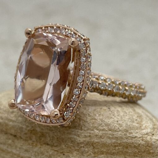 Pink Rectangular Cushion Morganite Ring Side Top Halo Rose Gold LS6606