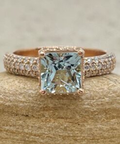 Princess Cut Aquamarine Engagement Ring Triple Shank Rose Gold LS7202
