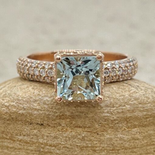 Princess Cut Aquamarine Engagement Ring Triple Shank Rose Gold LS7202