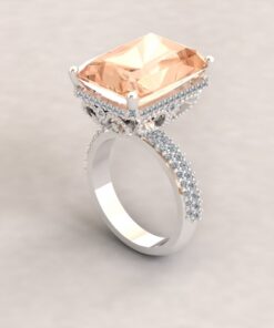 Radiant Morganite Halo Milgrain Hearts Ring White Gold Platinum LS6906