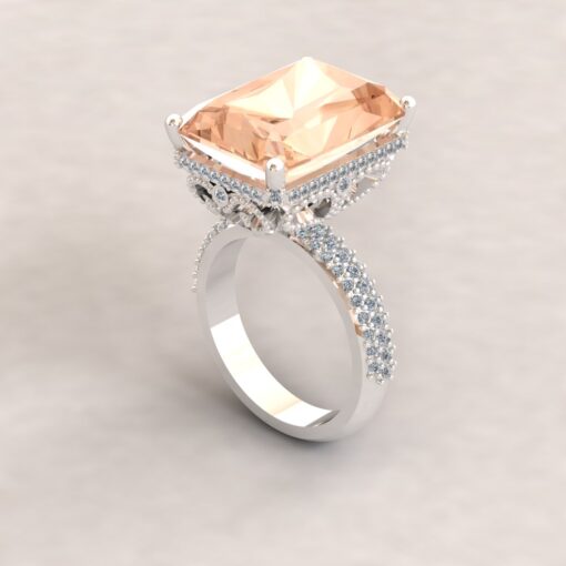 Radiant Morganite Halo Milgrain Hearts Ring White Gold Platinum LS6906