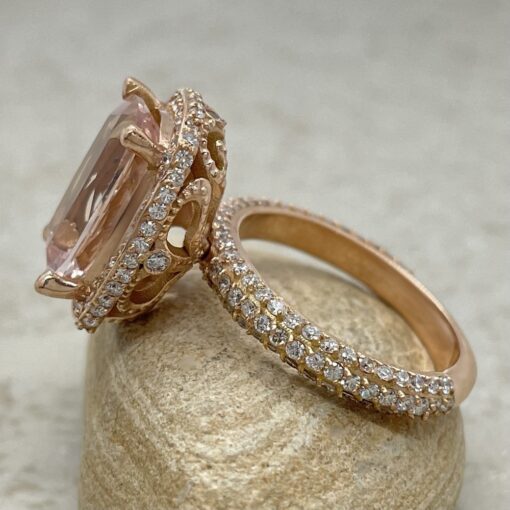 Rare Light Pink Cushion Cut Morganite Ring Triple Row Rose Gold LS6606