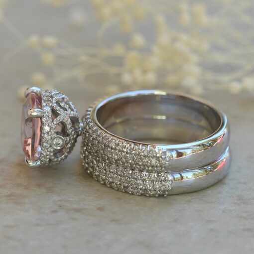 Rare Pink Morganite Bridal Set Cushion Cut White Gold Platinum LS7003