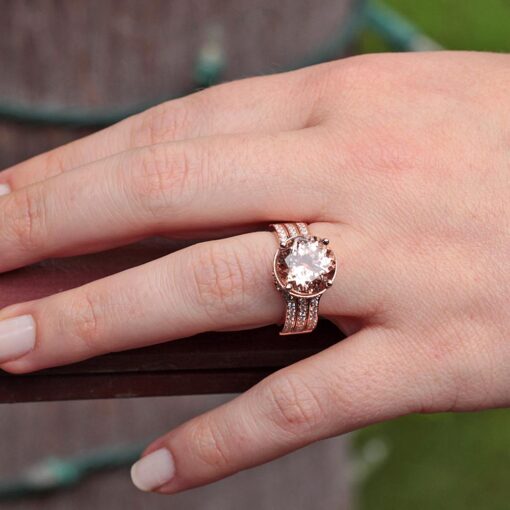 Round Cut Morganite Ring Diamond Half Eternity Shank Rose Gold LS5074