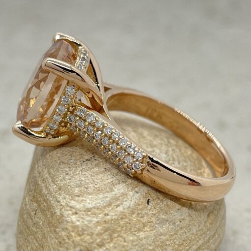 Round Cut Peach Morganite Ring Triple Cathedral Shank Rose Gold LS5353