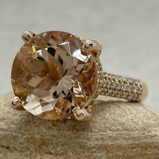 Round Cut Peachy Morganite Ring Triple Diamond Shank Rose Gold LS5353