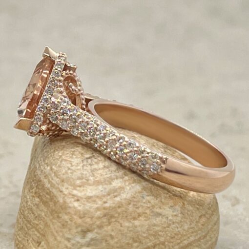 Trillion Cut Peach Morganite Ring Hidden Diamond Halo Rose Gold LS7184