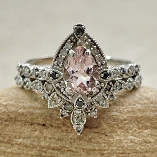 Vintage Style Pear Cut Pink Morganite Ring White Gold Platinum LS7125