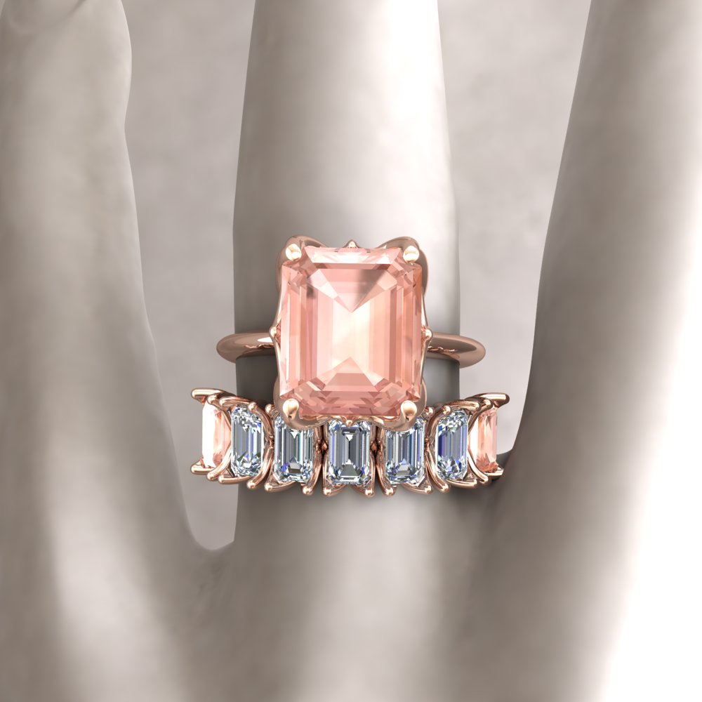 Custom 7 stone Emerald Cut Morganite and Lab Diamond Ring - Image 2