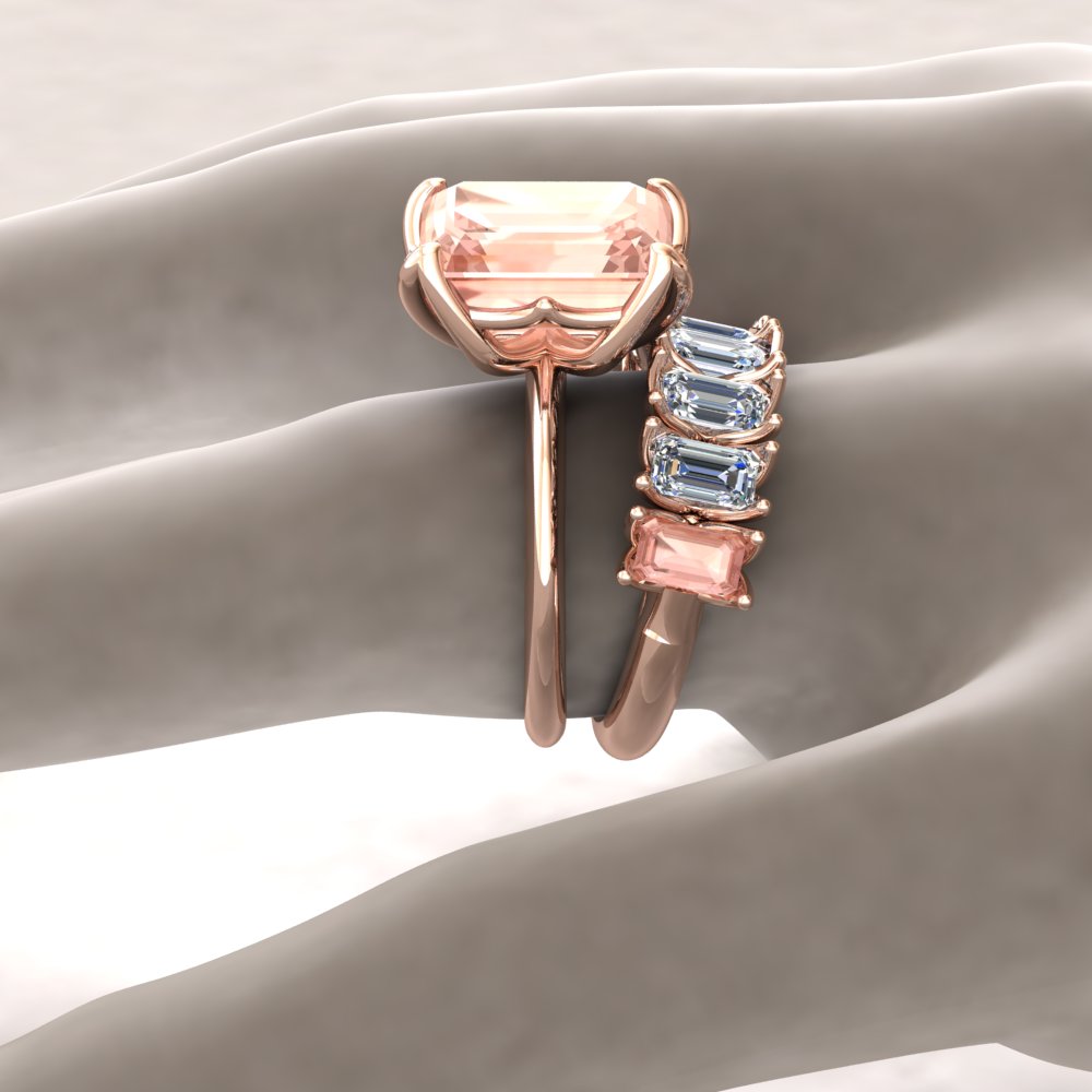 Custom 7 stone Emerald Cut Morganite and Lab Diamond Ring - Image 3