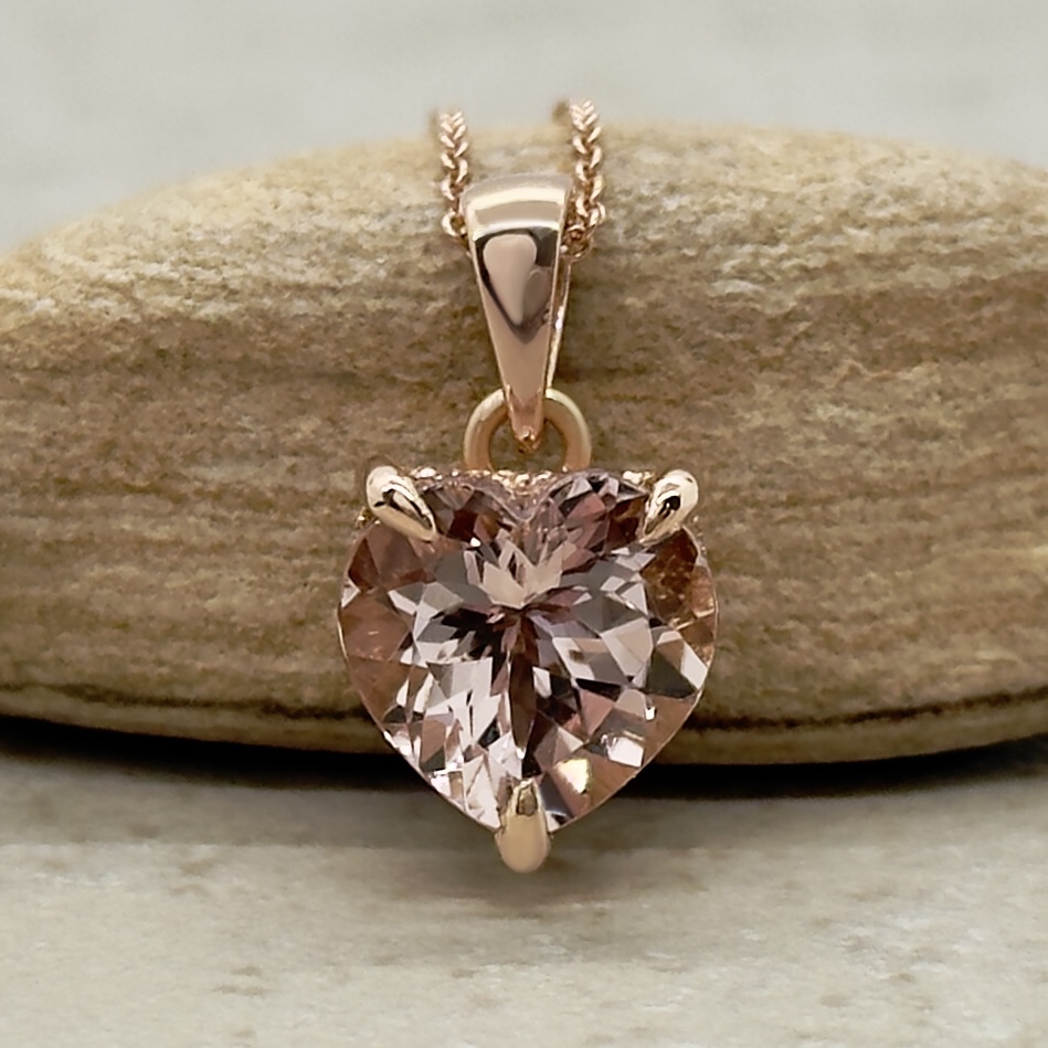 AAA Heart Peachy Pink Morganite Fang Prong Necklace Rose Gold LS7321