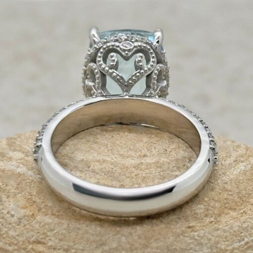 Blue Aquamarine Ring Heart Filigree Basket White Gold Platinum LS7227