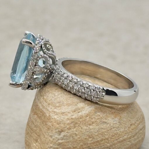 Cushion Cut Aquamarine Ring Filigree Basket White Gold Platinum LS7227