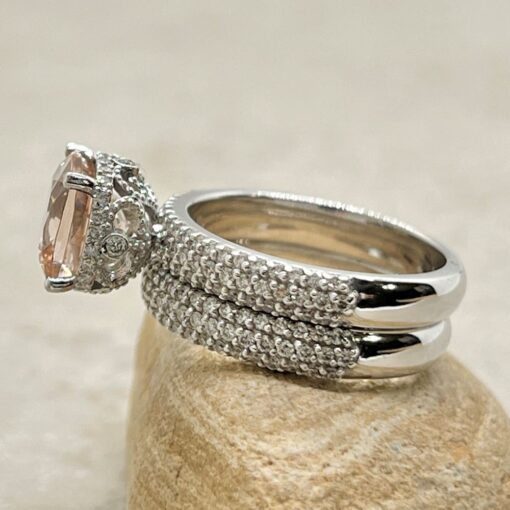 Cushion Cut Morganite Triple Shank Ring Set White Gold Platinum LS7250