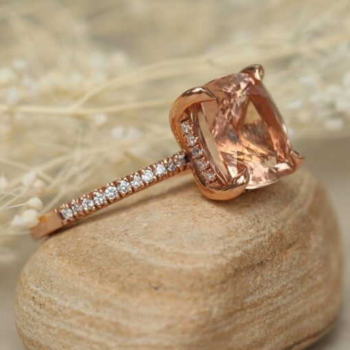 Cushion Pink Morganite Diamond Ring Four Prong Halo Rose Gold LS4595