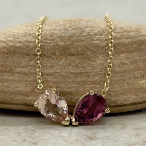 Custom Pear Cut Morganite and Tourmaline Memorial Necklace - Image 2