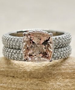 Peach Morganite Ring Set Triple Shank Band White Gold Platinum LS7250