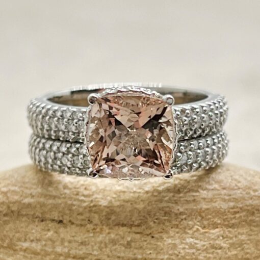 Peach Morganite Ring Set Triple Shank Band White Gold Platinum LS7250