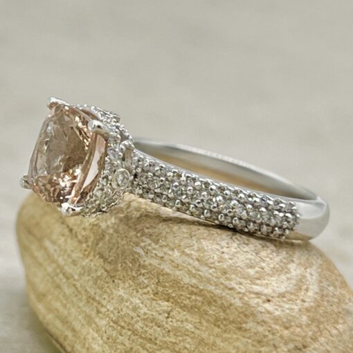 Peachy Morganite Diamond Triple Shank Ring White Gold Platinum LS7337