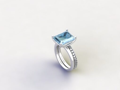 Custom Emerald Cut Aquamarine Ring with Diamond Eternity Band - Image 4