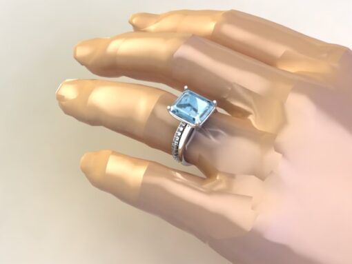 Custom Emerald Cut Aquamarine Ring with Diamond Eternity Band - Image 5