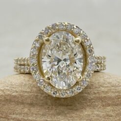 IGI Oval Cut Lab Grown Diamond Halo Bridal Ring Set Yellow Gold LS7356