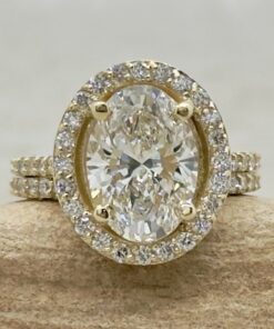 IGI Oval Cut Lab Grown Diamond Halo Bridal Ring Set Yellow Gold LS7356