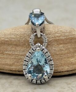 Pear Cut Aquamarine Diamond Halo Necklace White Gold Platinum LS7350