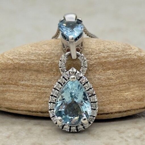 Pear Cut Aquamarine Diamond Halo Necklace White Gold Platinum LS7350