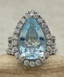Pear Cut Aquamarine Diamond Halo Ring Set White Gold Platinum LS7348