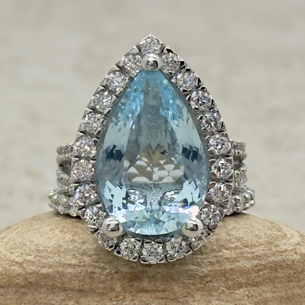 Pear Cut Aquamarine Diamond Halo Ring Set White Gold Platinum LS7348