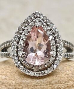 Pear Cut Morganite Ring Diamond Double Halo White Gold Platinum LS1401