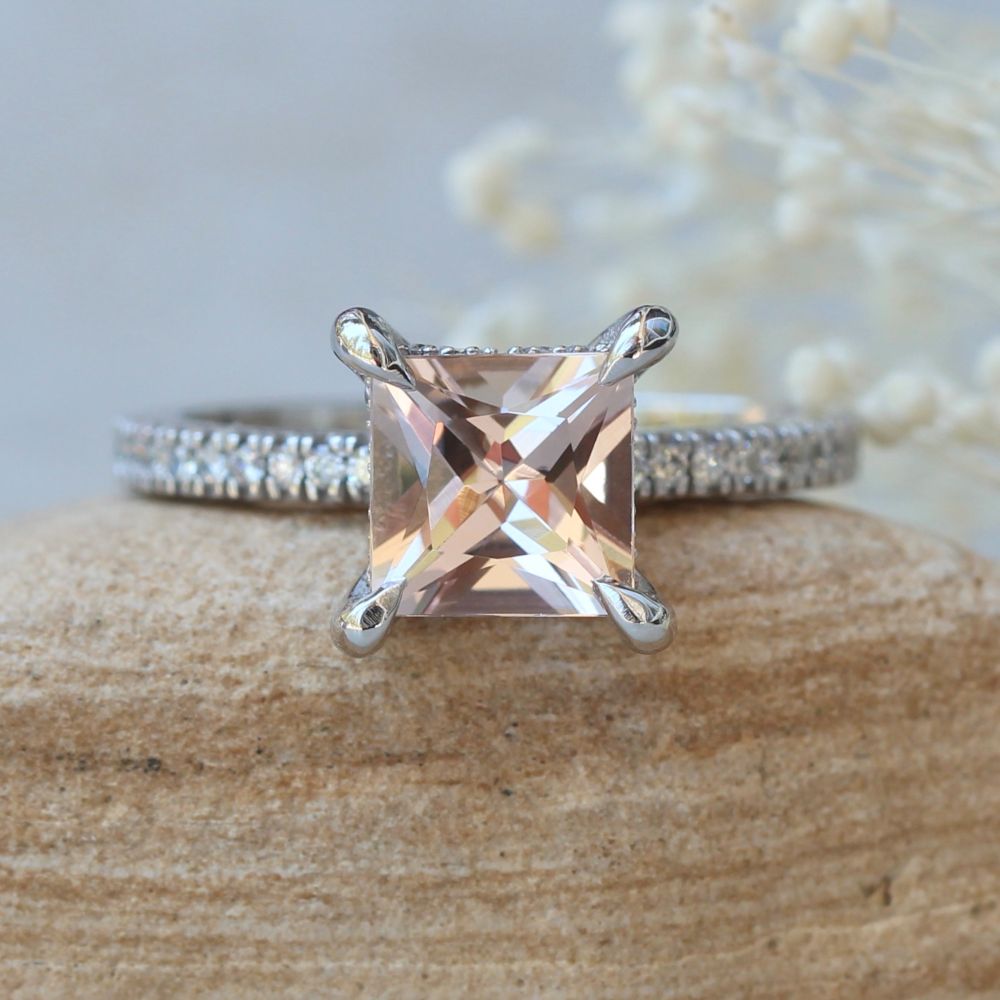 AAA Princess Cut Morganite Ring Fang Prongs White Gold Platinum LS5080