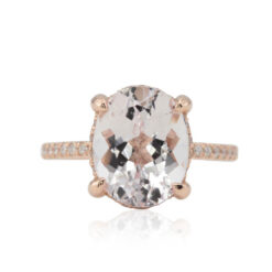 Oval Light Peach Morganite Ring, Hidden Diamond Halo and half eternity