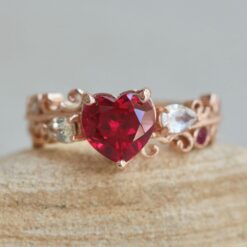 Ruby Heart Ring with Pear Cut White Sapphires Milgrain Graceful Swirls