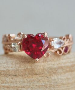 Heart Cut Ruby Natural White Sapphire Engagement Ring Rose Gold LS7259